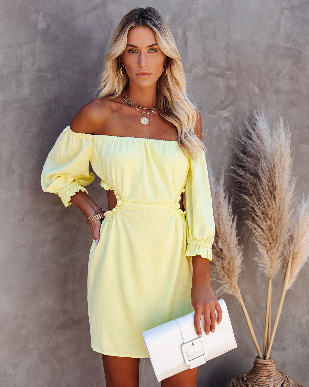 Linen Sundance Blend Off The Shoulder Cutout Dress Yellow