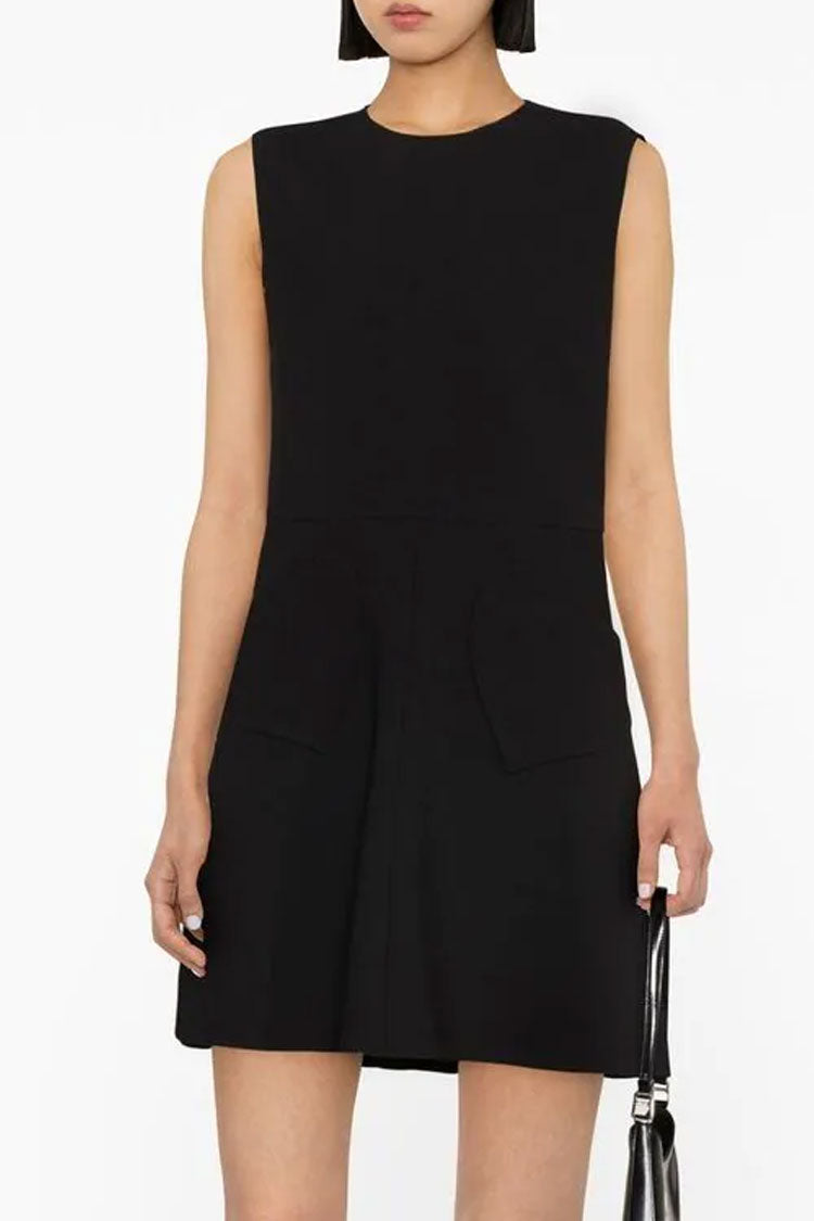 Crew Sweet Neck Sleeveless Heart Pocket Skater Mini Dress - Black