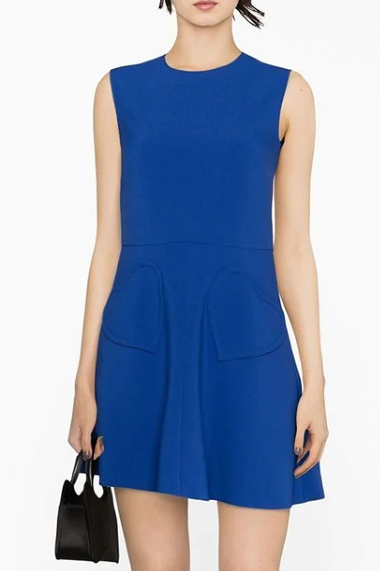 Crew Sweet Neck Sleeveless Heart Pocket Skater Mini Dress - Royal Blue