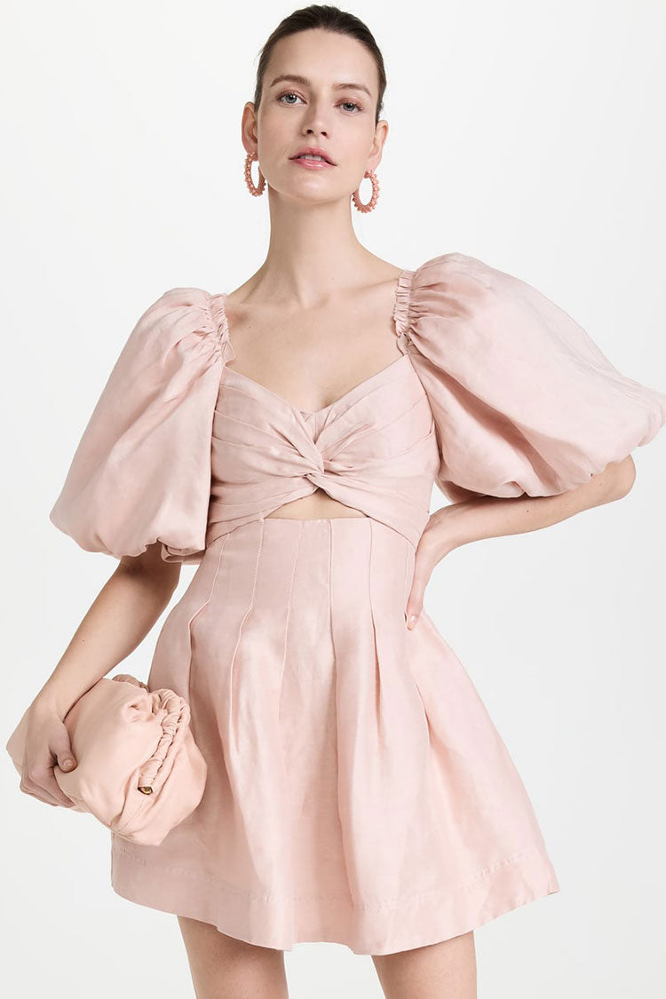 Ruched Sweet Knot Puff Sleeve Pleated Trim Cotton Blend Mini Dress - Pink