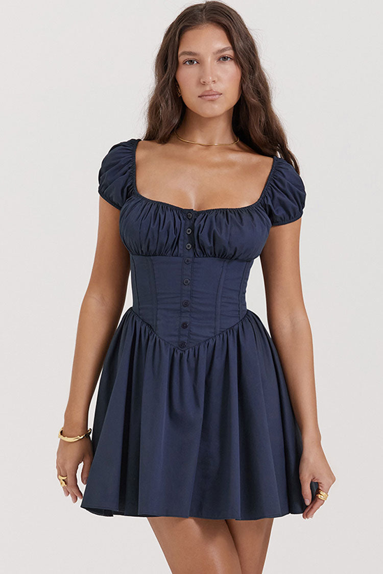 Scoop Sweet Neck Cap Sleeve Fit & Flare Corset Party Mini Dress - Navy Blue