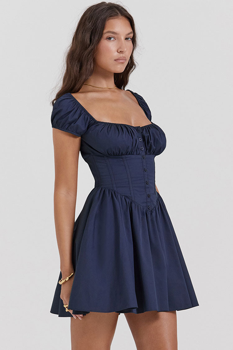 Scoop Sweet Neck Cap Sleeve Fit & Flare Corset Party Mini Dress - Navy Blue