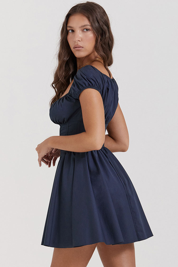 Scoop Sweet Neck Cap Sleeve Fit & Flare Corset Party Mini Dress - Navy Blue