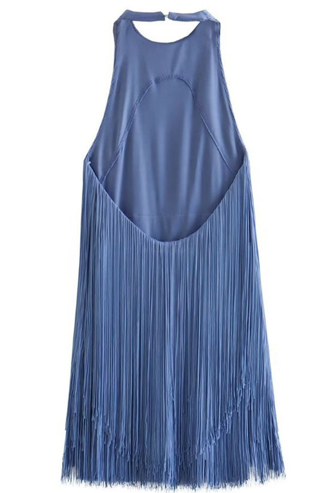 Halter Swingy Neck Open Back Layered Fringe Flapper Mini Dress - Dusty Blue