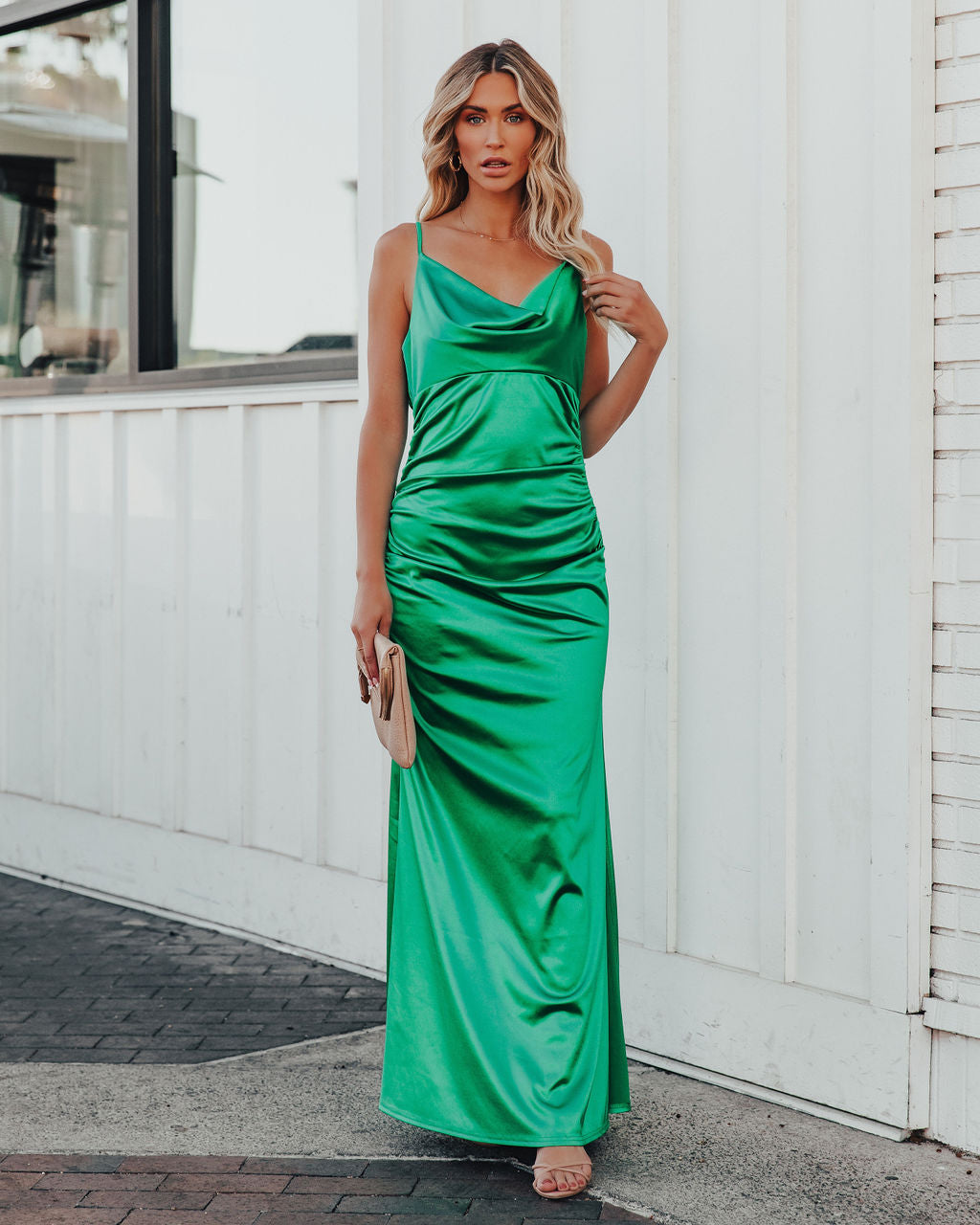 Take Care Satin Cowl Neck Maxi Dress Green FINAL