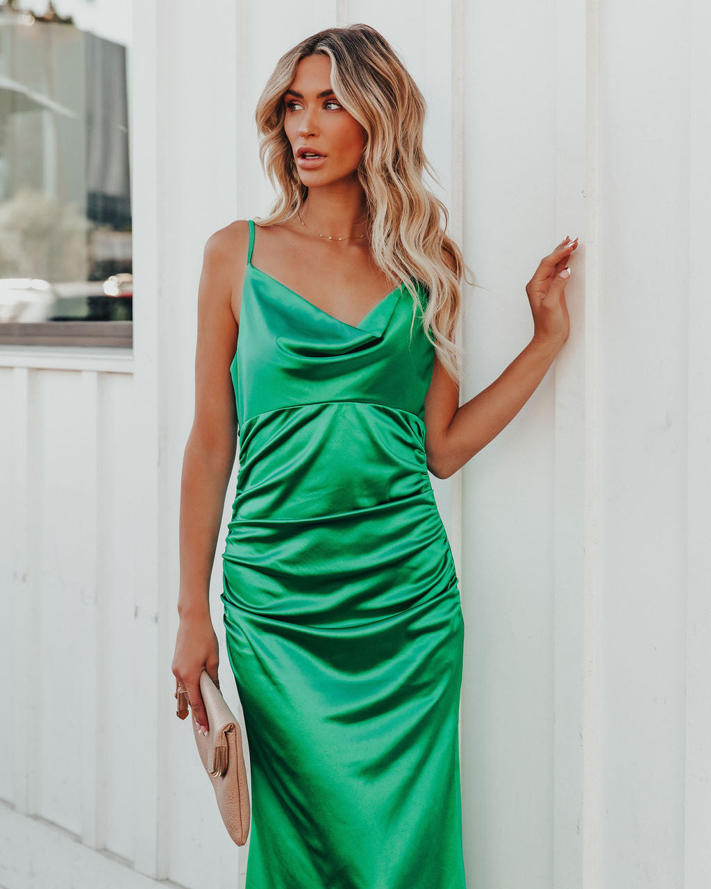 Take Care Satin Cowl Neck Maxi Dress Green FINAL