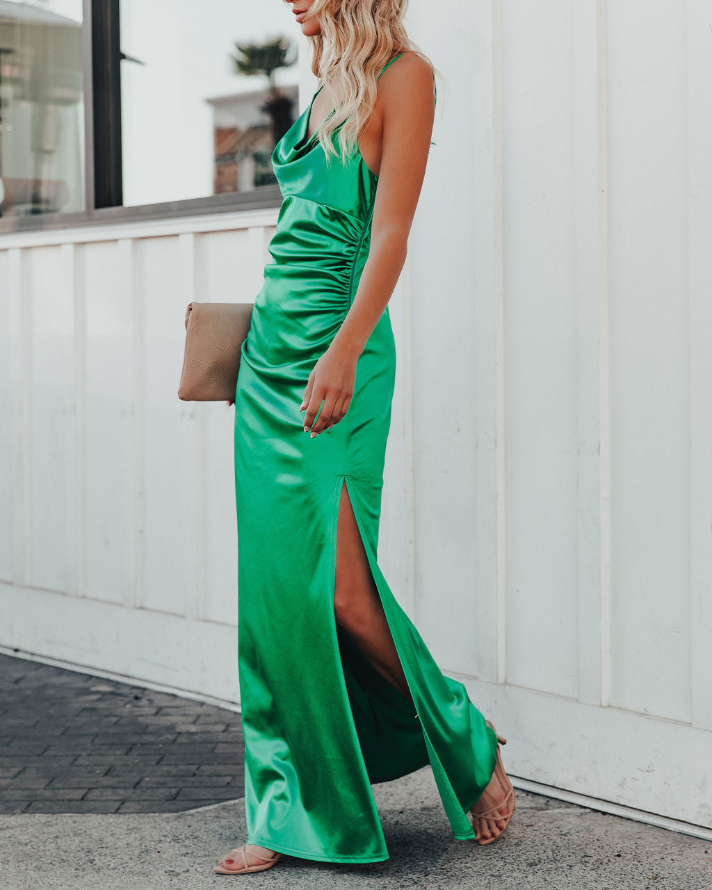 Take Care Satin Cowl Neck Maxi Dress Green FINAL