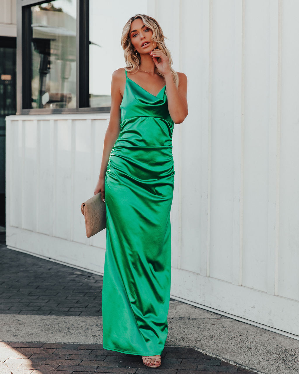 Take Care Satin Cowl Neck Maxi Dress Green FINAL