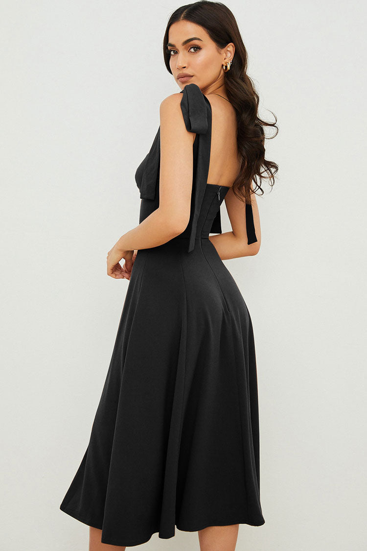 Strap Tie Fit & Flare High Slit Slip Midi Dress - Black