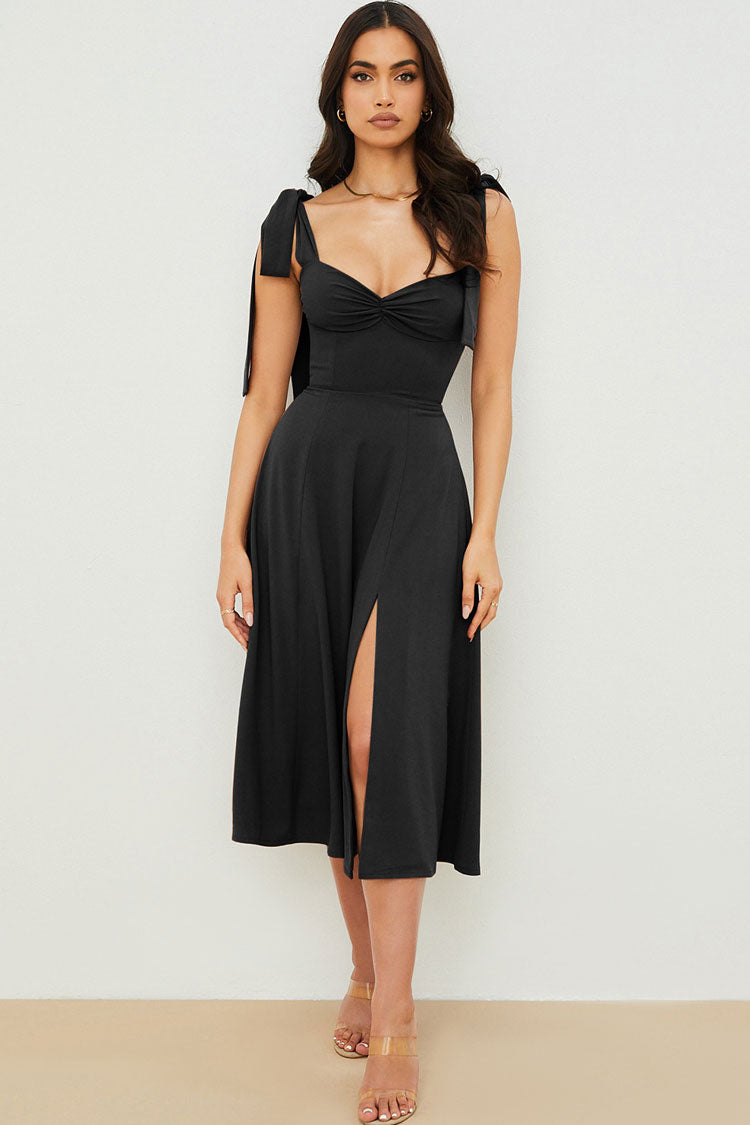 Strap Tie Fit & Flare High Slit Slip Midi Dress - Black