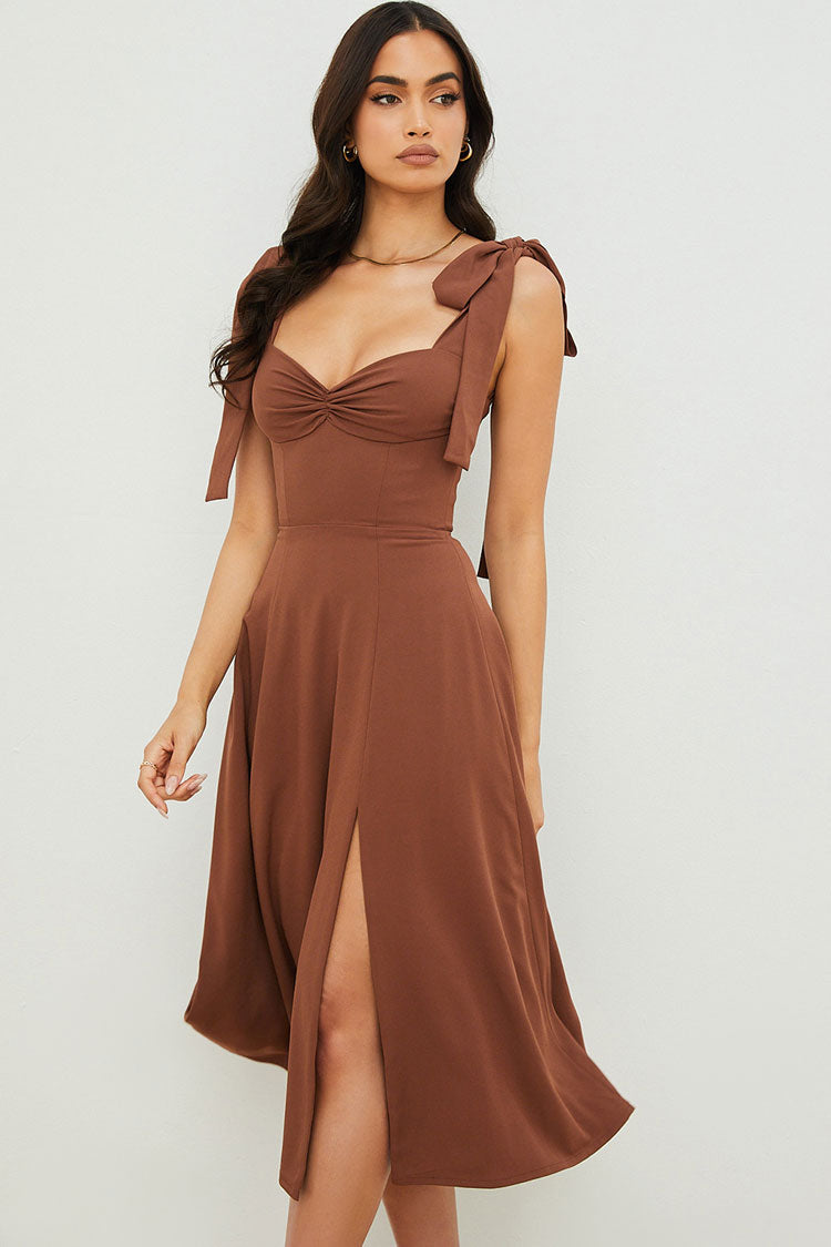Strap Tie Fit & Flare High Slit Slip Midi Dress - Chocolate