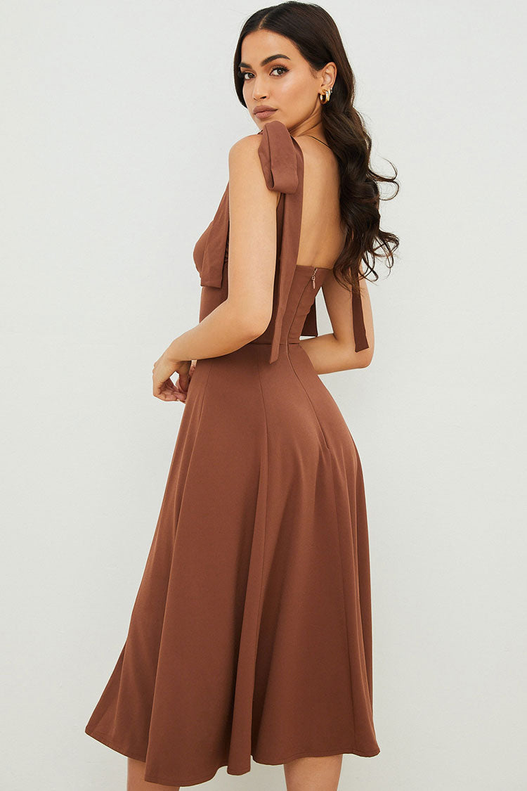 Strap Tie Fit & Flare High Slit Slip Midi Dress - Chocolate