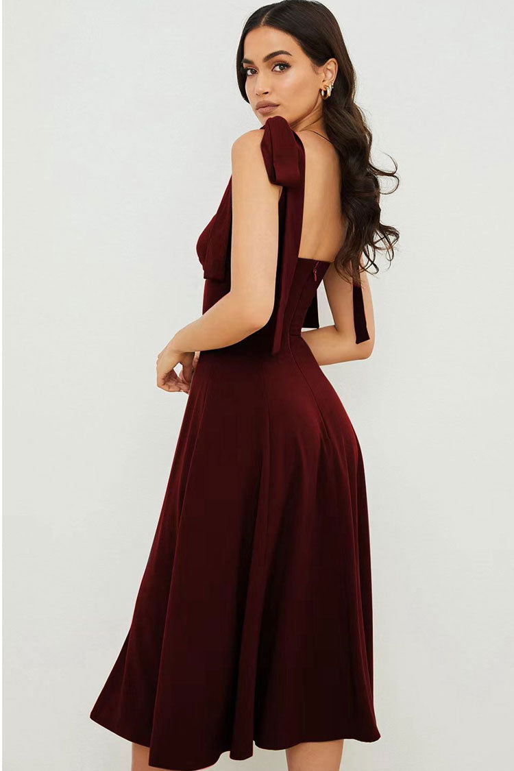 Strap Tie Fit & Flare High Slit Slip Midi Dress - Dark Wine