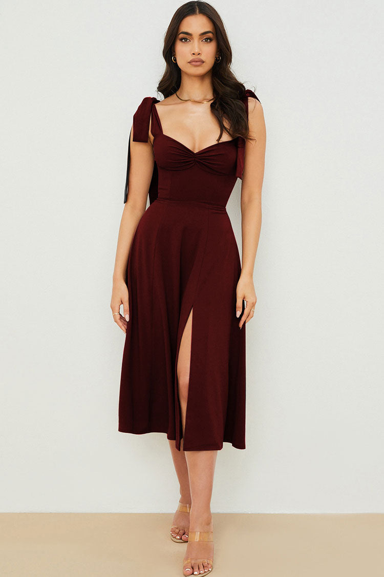Strap Tie Fit & Flare High Slit Slip Midi Dress - Dark Wine