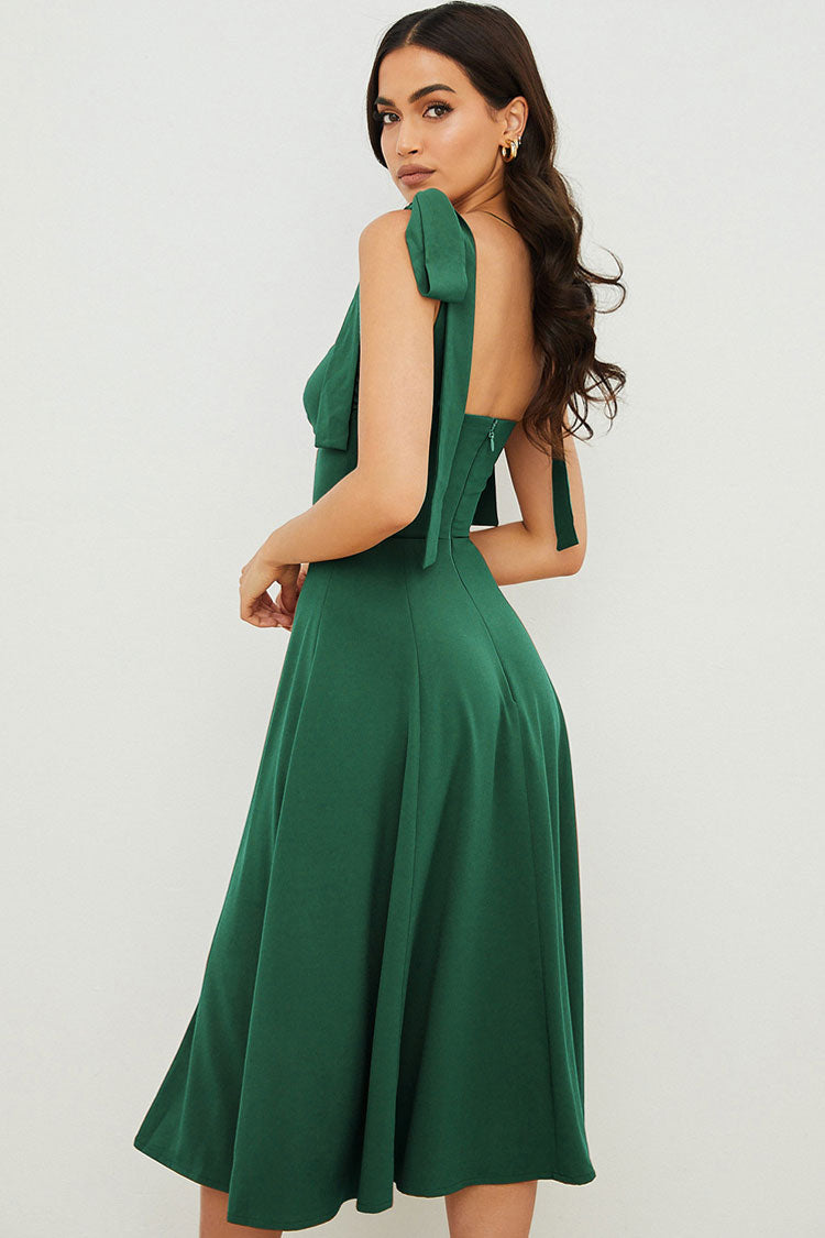 Strap Tie Fit & Flare High Slit Slip Midi Dress - Emerald Green