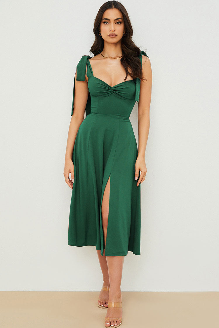 Strap Tie Fit & Flare High Slit Slip Midi Dress - Emerald Green