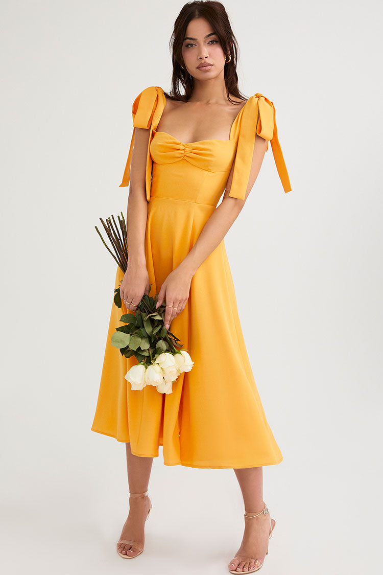 Strap Tie Fit & Flare High Slit Slip Midi Dress - Yellow