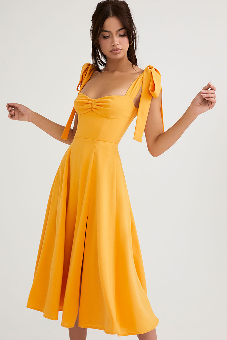 Strap Tie Fit & Flare High Slit Slip Midi Dress - Yellow