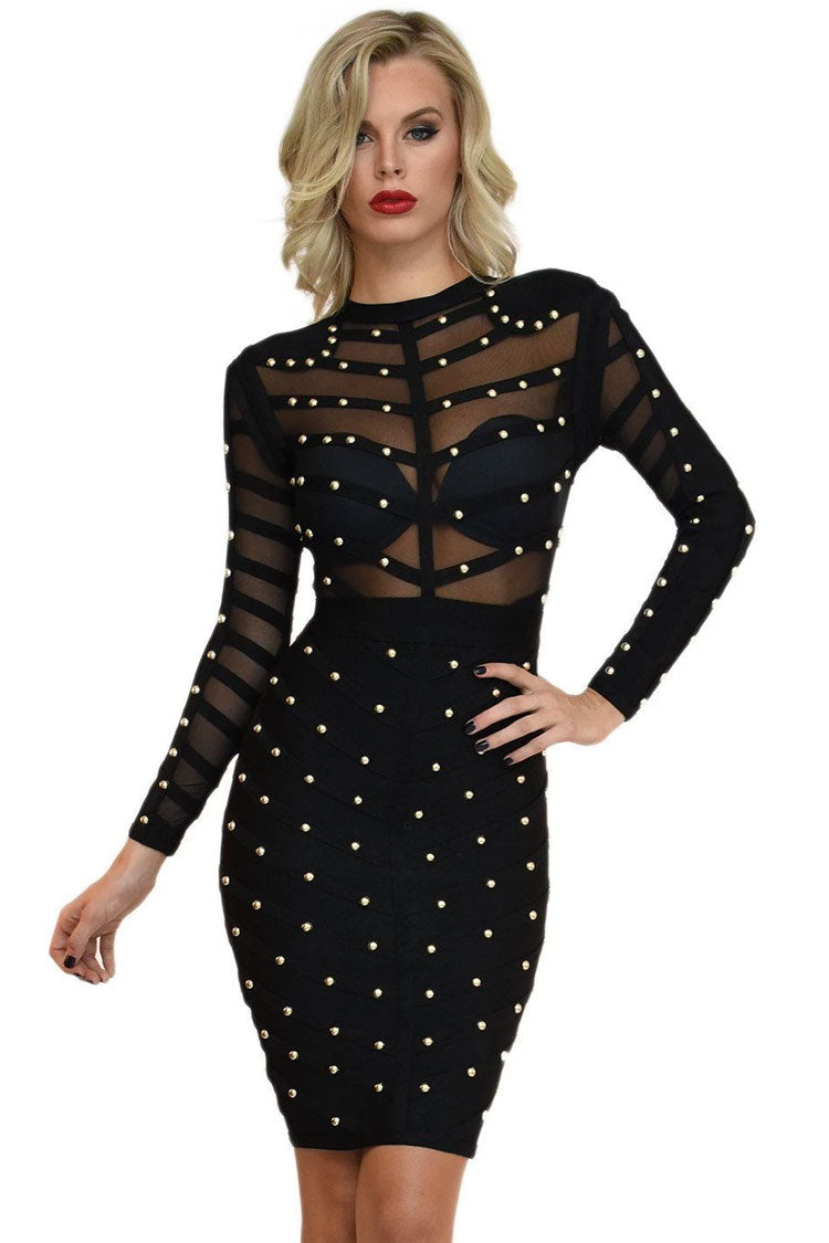 Studded Trendy Long Sleeve Mesh Bandage Cocktail Party Midi Dress - Black