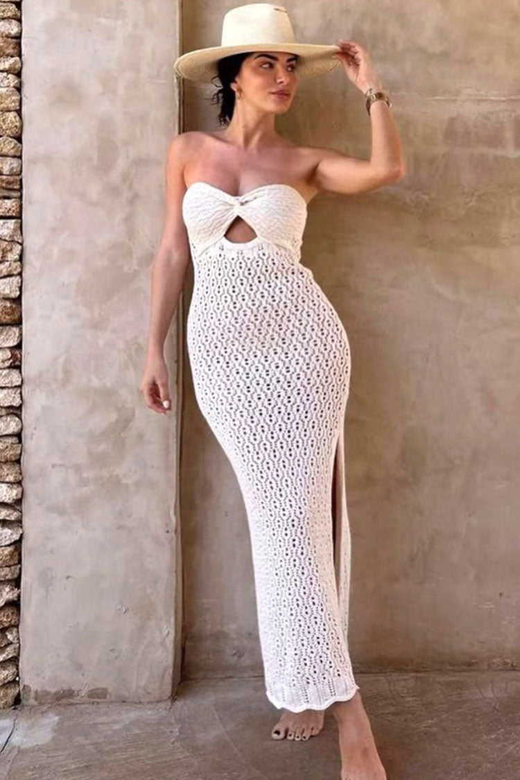 Front Twist Crochet Pointelle Strapless Split Beach Vacation Midi Dress - Apricot