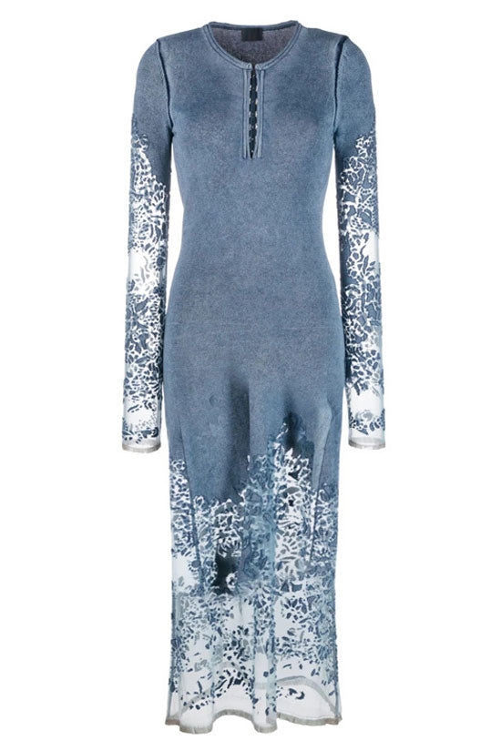 Unique Crew Neck Sheer Bloom Lace Panel Long Sleeve Knit Midi Dress - Blue