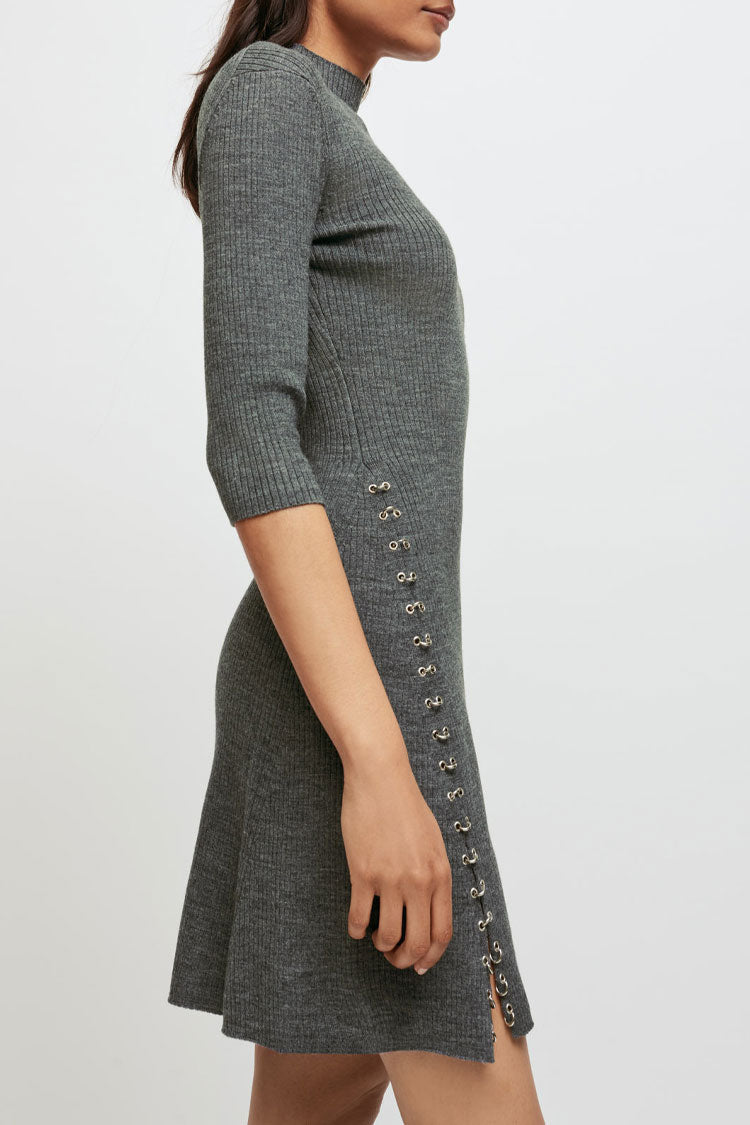 Ring Unique High Neck Winter Cashmere Sweater Mini Dress - Gray