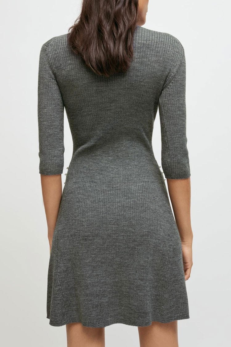 Ring Unique High Neck Winter Cashmere Sweater Mini Dress - Gray