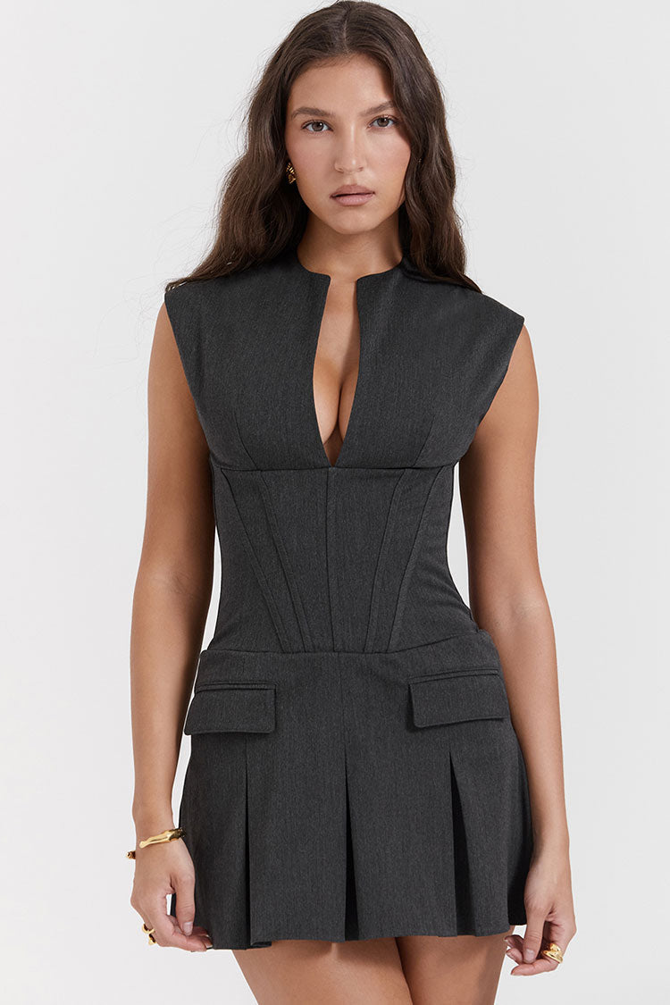 Split Unique Neck Sleeveless Corset Pleated Party Mini Dress - Black Gray