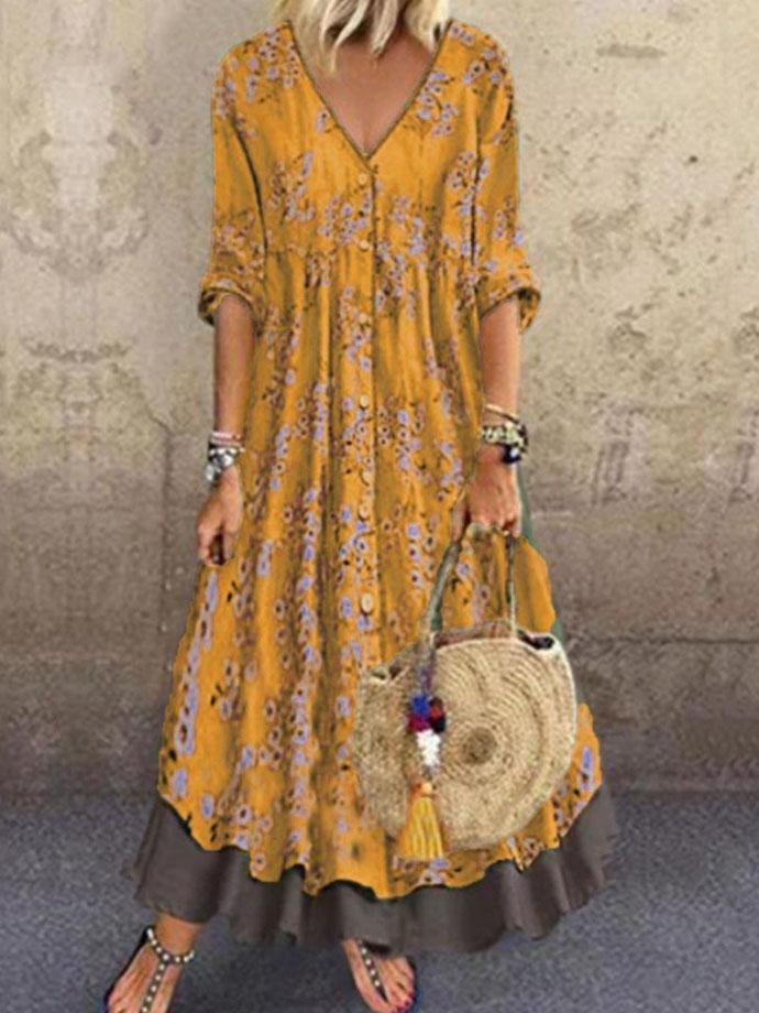 V neck Long Sleeves Printed Fake Two piece Dress