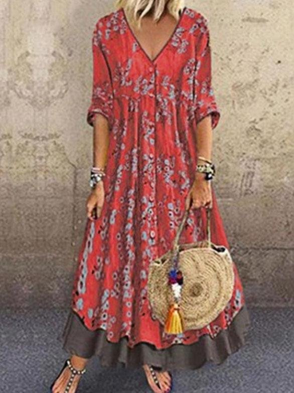 V neck Long Sleeves Printed Fake Two piece Dress