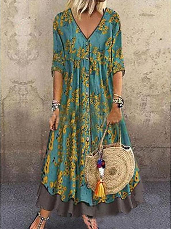 V neck Long Sleeves Printed Fake Two piece Dress