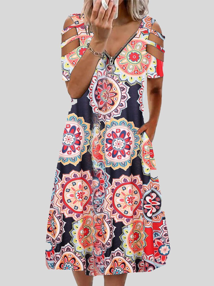 neck V Printed Zipper Short sleeved Dress