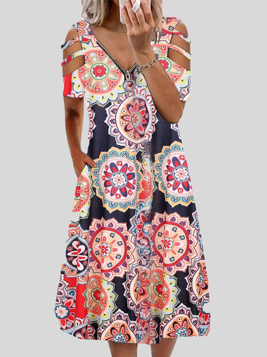 neck V Printed Zipper Short sleeved Dress