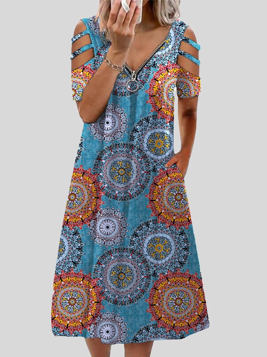 neck V Printed Zipper Short sleeved Dress