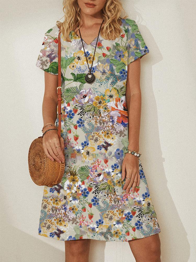 neck V Pullover Short Sleeve Loose Dress