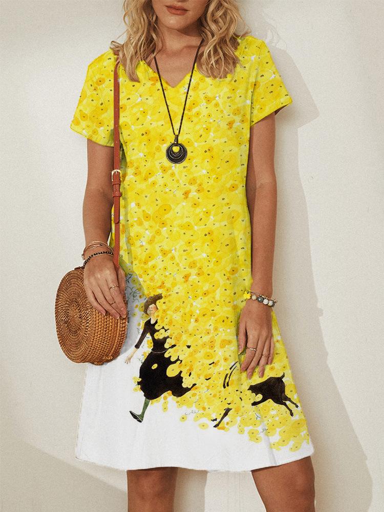neck V Pullover Short Sleeve Loose Dress