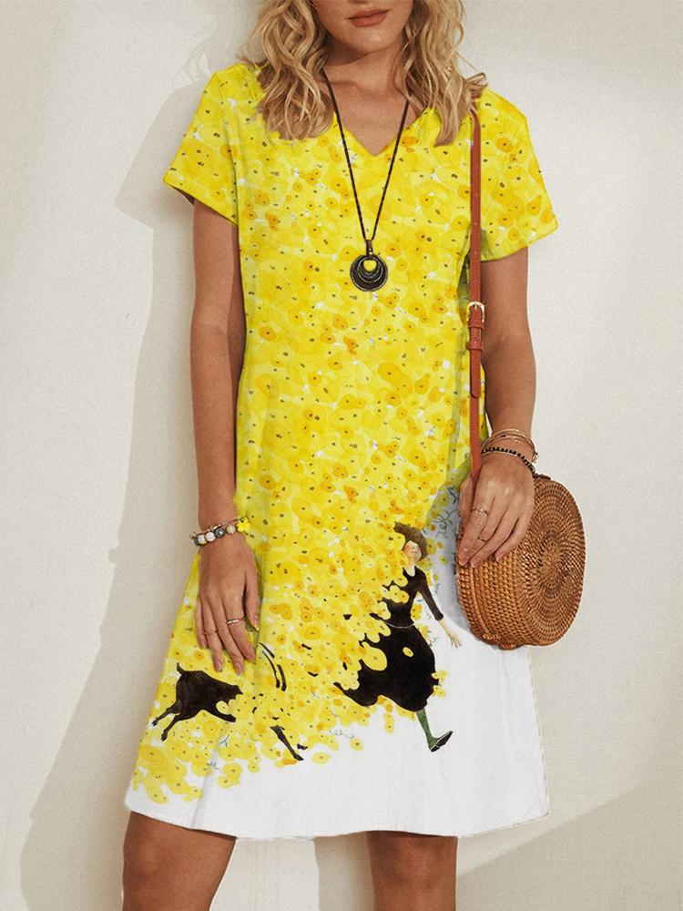 neck V Pullover Short Sleeve Loose Dress