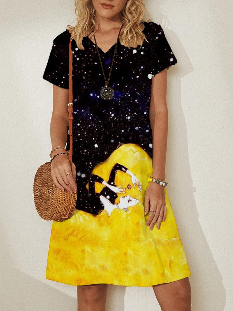 neck V Pullover Short Sleeve Loose Dress