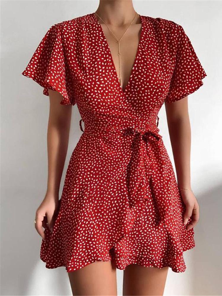 neck V Ruffled Belt Wrap Mini Dress