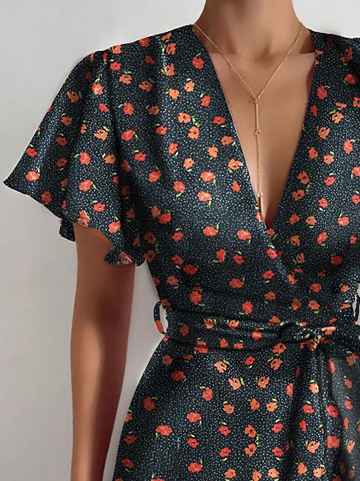 neck V Ruffled Belt Wrap Mini Dress