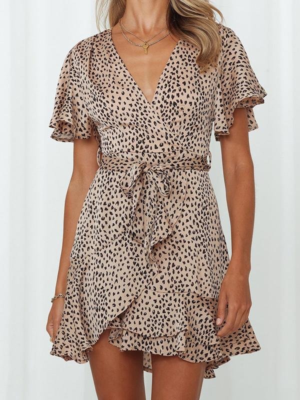 neck V Ruffled Belt Wrap Mini Dress