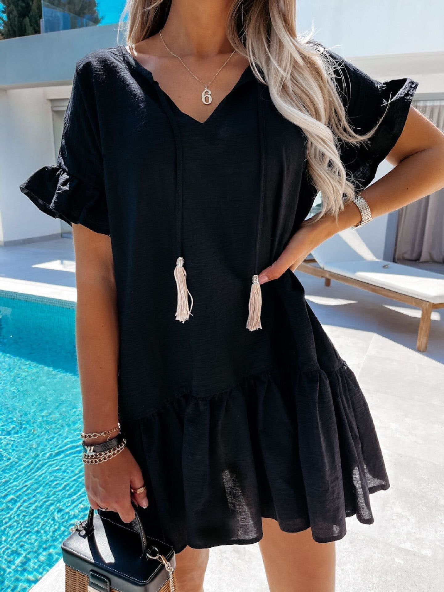 neck V Short Sleeve Dangle Mini Dress