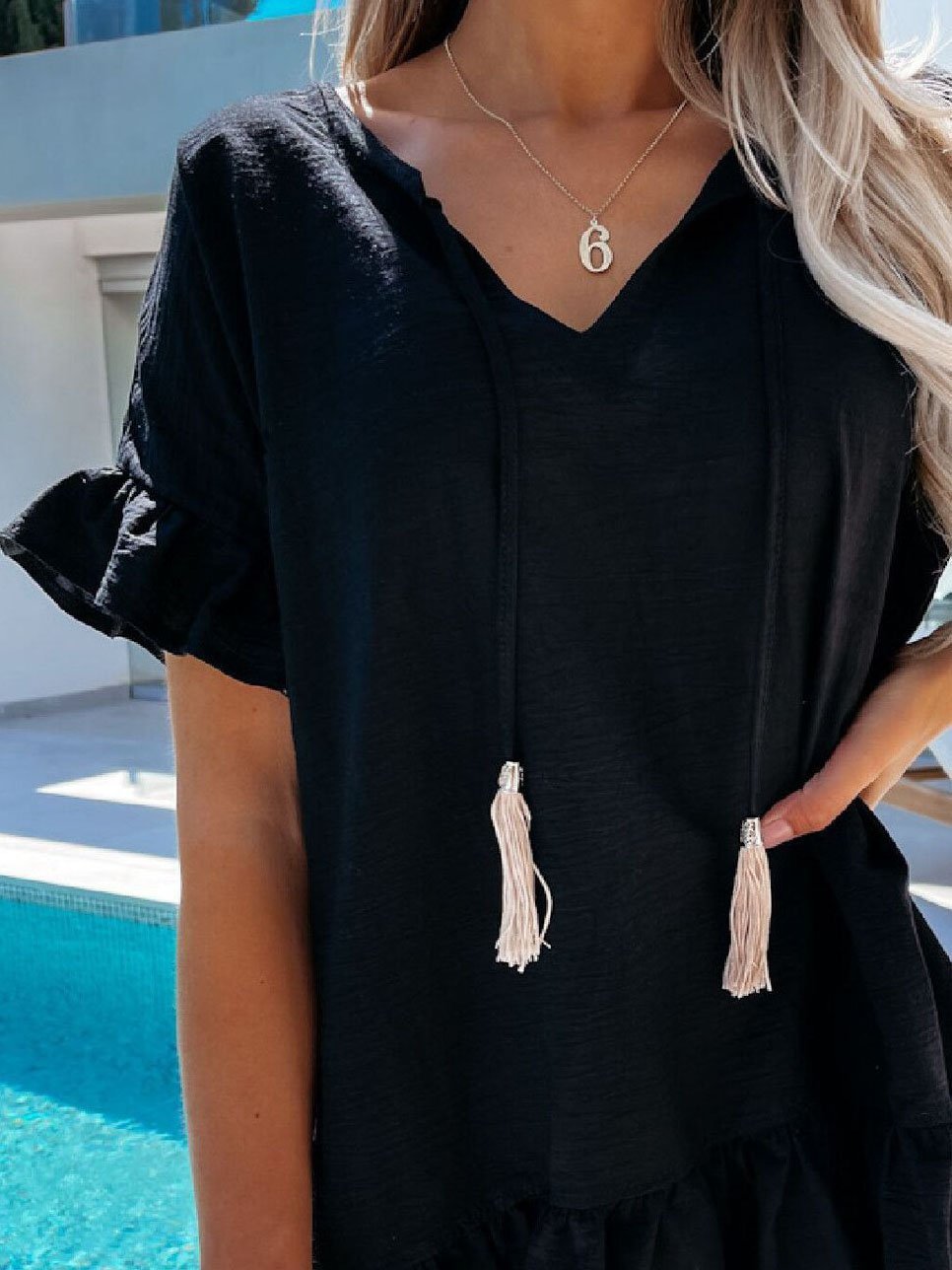 neck V Short Sleeve Dangle Mini Dress