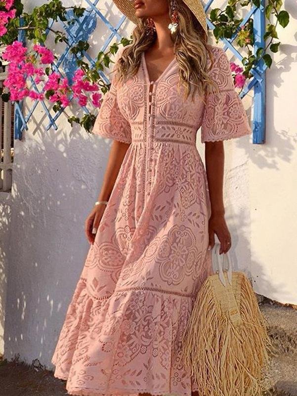 neck V Short Sleeve Hollow Lace Dress