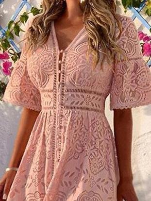 neck V Short Sleeve Hollow Lace Dress