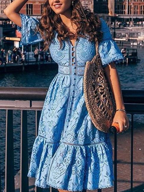 neck V Short Sleeve Hollow Lace Dress