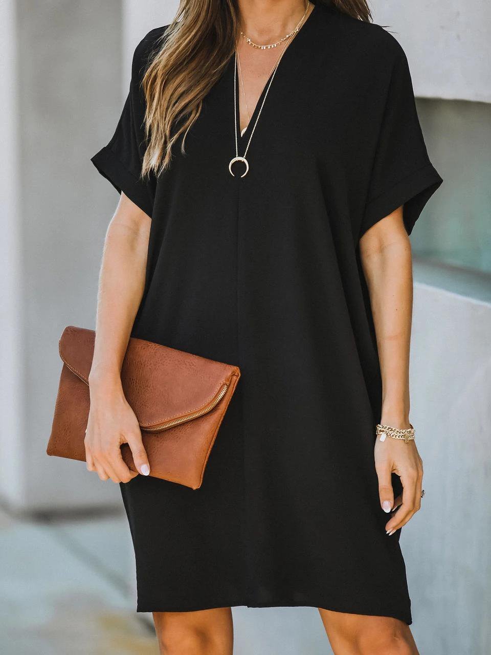 neck V Short Sleeve Solid Color Loose Dress