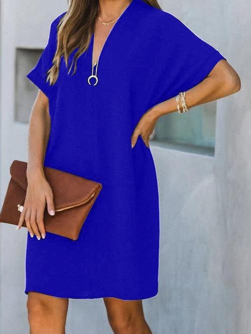 neck V Short Sleeve Solid Color Loose Dress