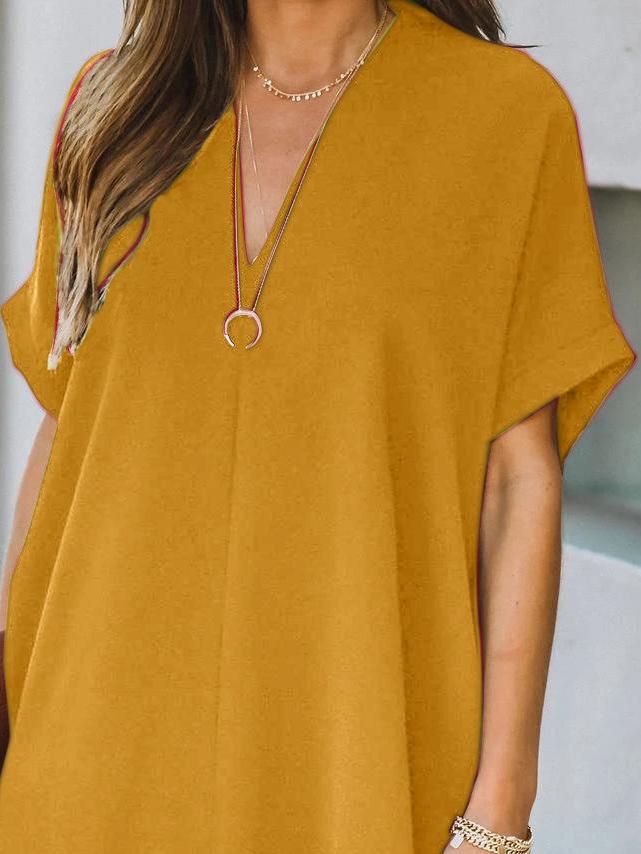 neck V Short Sleeve Solid Color Loose Dress
