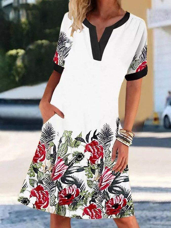 V Neck Short Sleeve Vintage Print Graceful Dress